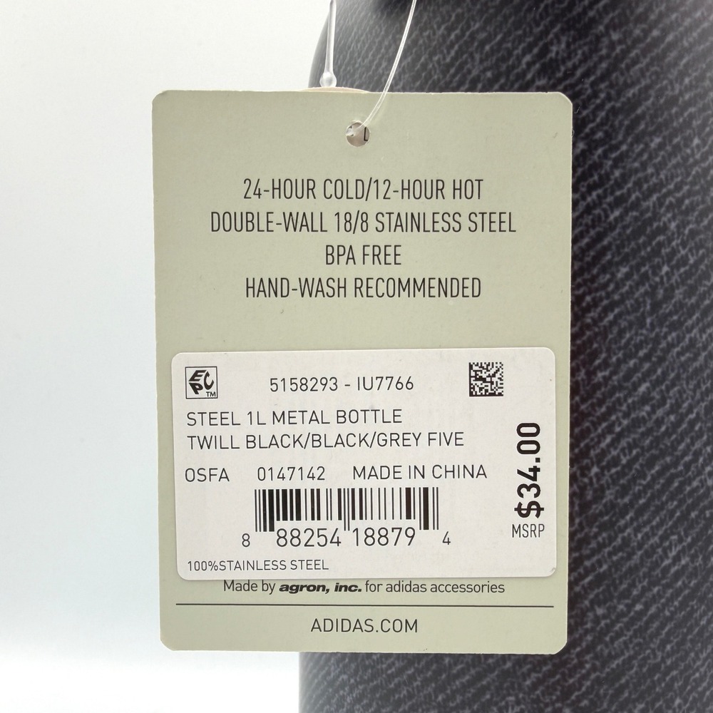 Adidas 1L Water Bottle Black Grey IU7766 Twill Insulated 24 Hour Cold/12 Hot NEW - Picture 7 of 10